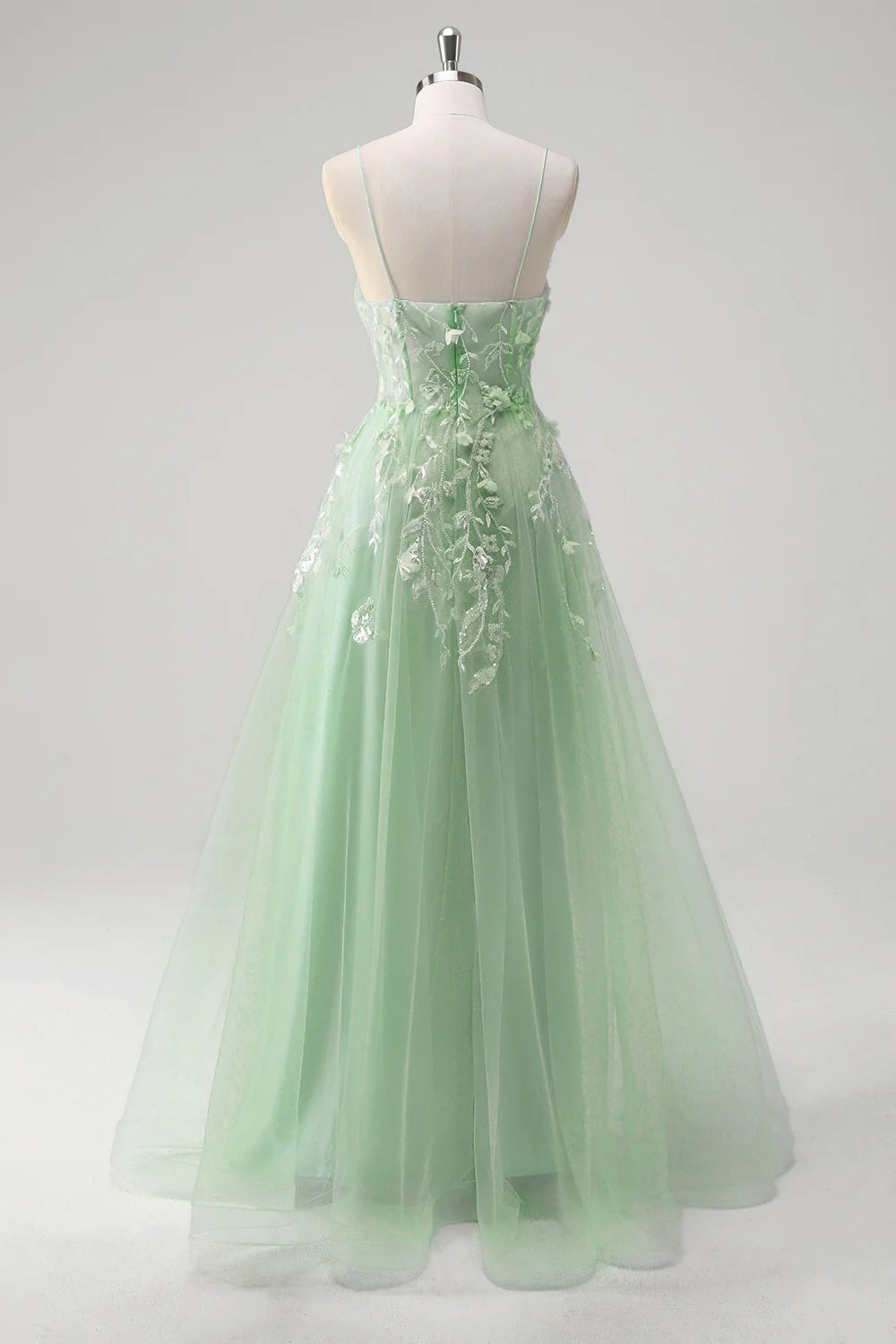 A-line spaghetti strap transparent tight corset with decal long ball dress