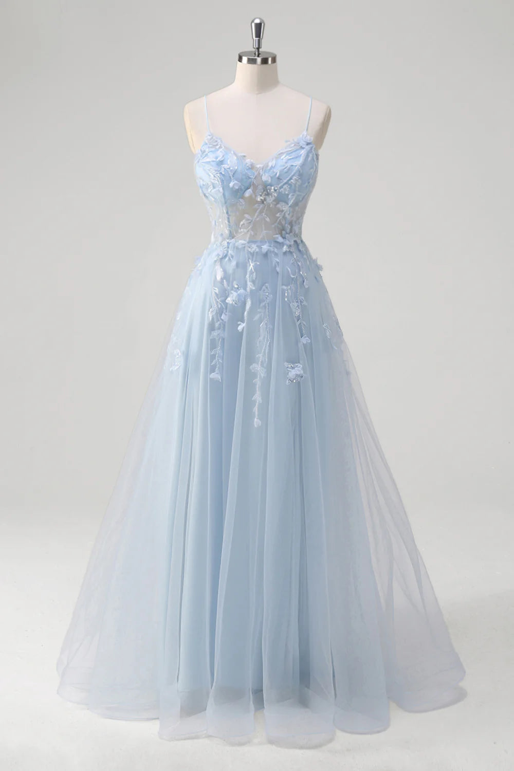 A-line spaghetti strap transparent tight corset with decal long ball dress