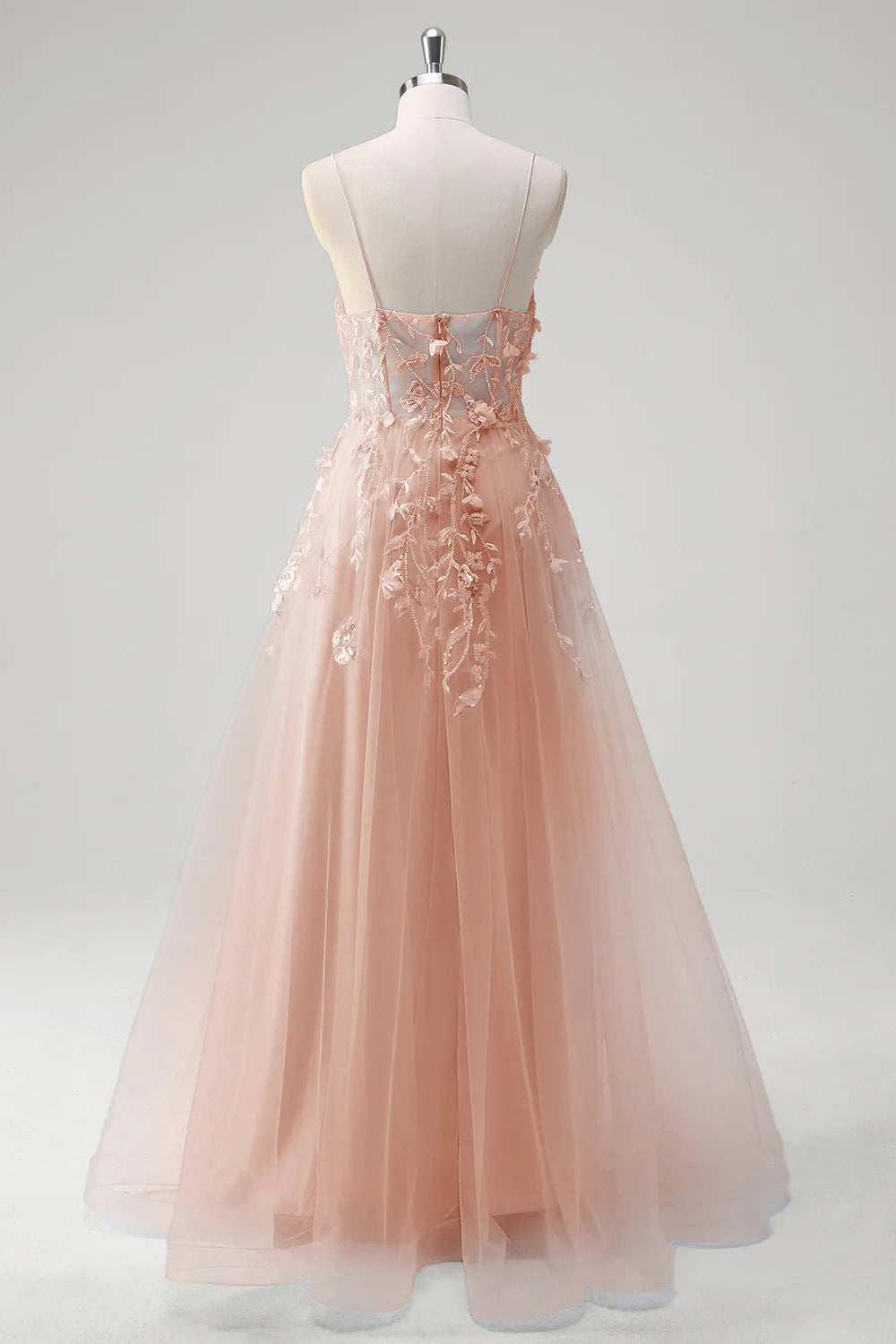 A-line spaghetti strap transparent tight corset with decal long ball dress
