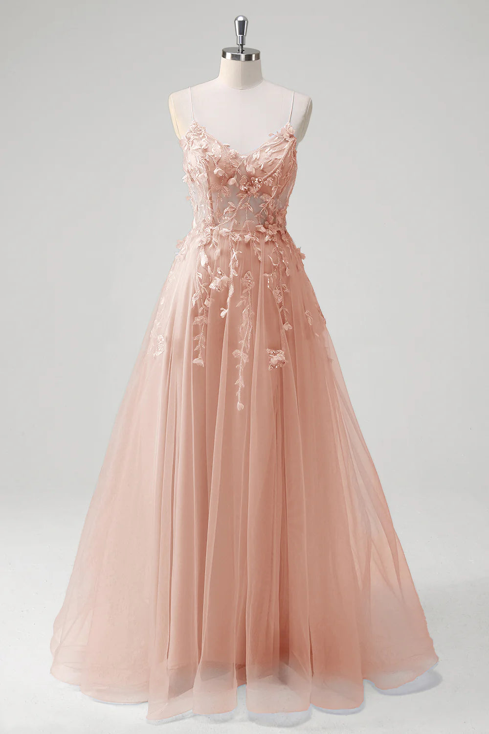 A-line spaghetti strap transparent tight corset with decal long ball dress