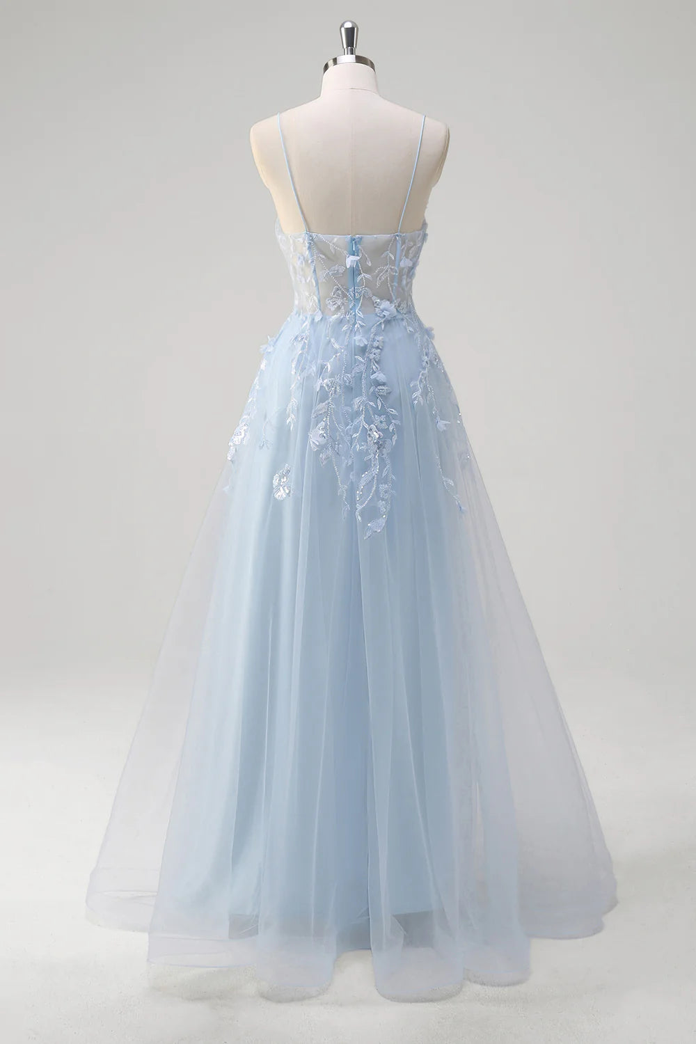 A-line spaghetti strap transparent tight corset with decal long ball dress