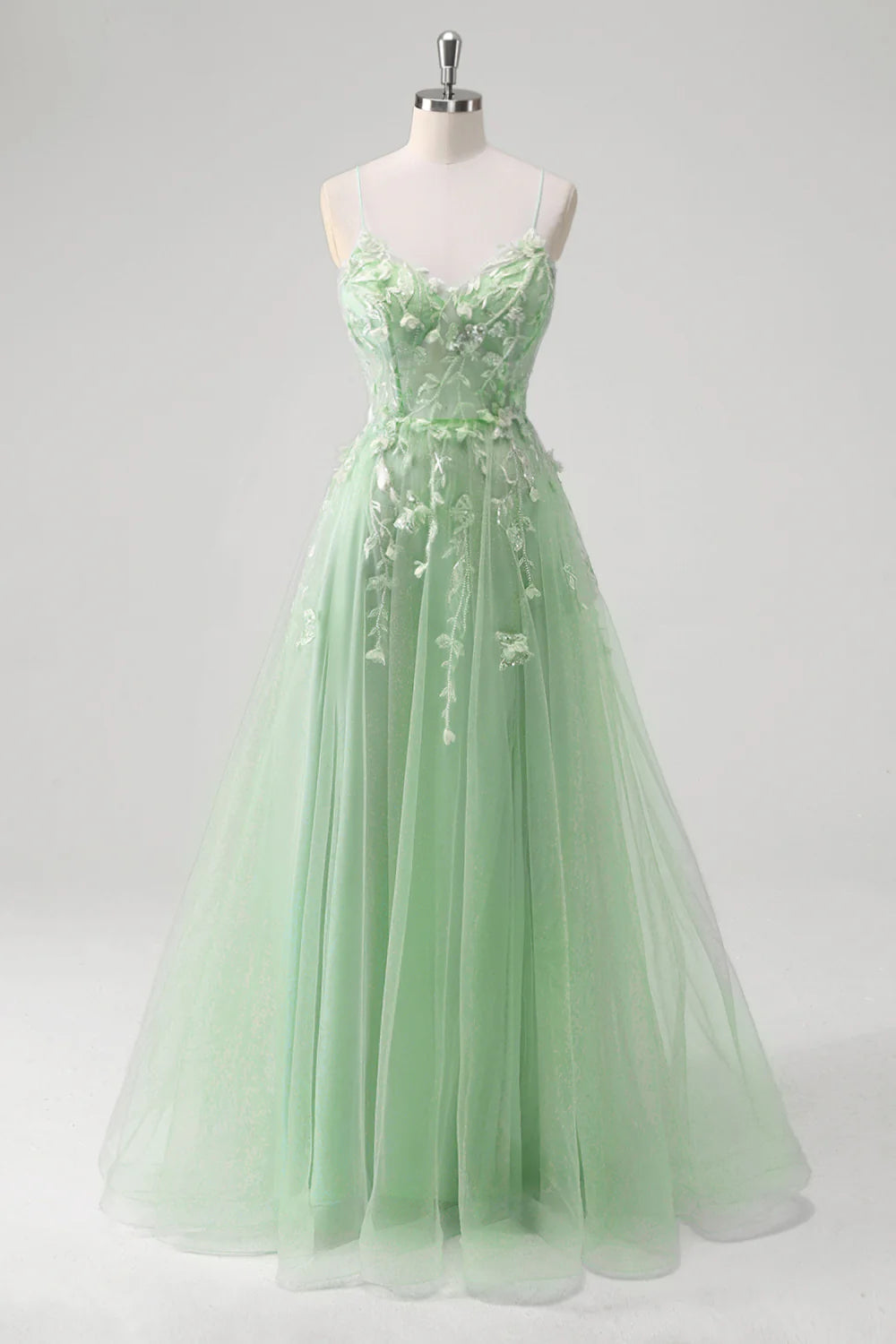 A-line spaghetti strap transparent tight corset with decal long ball dress