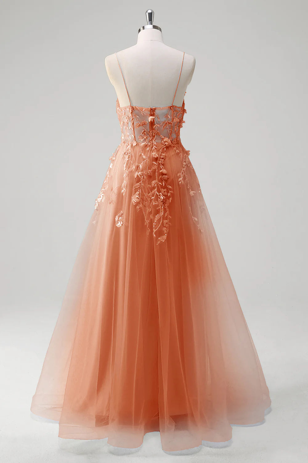 A-line spaghetti strap transparent tight corset with decal long ball dress