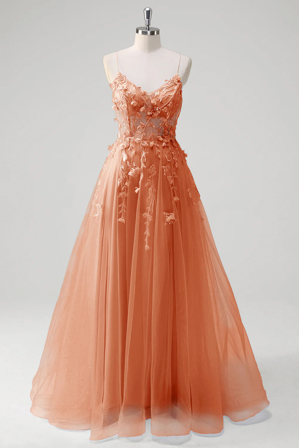 A-line spaghetti strap transparent tight corset with decal long ball dress