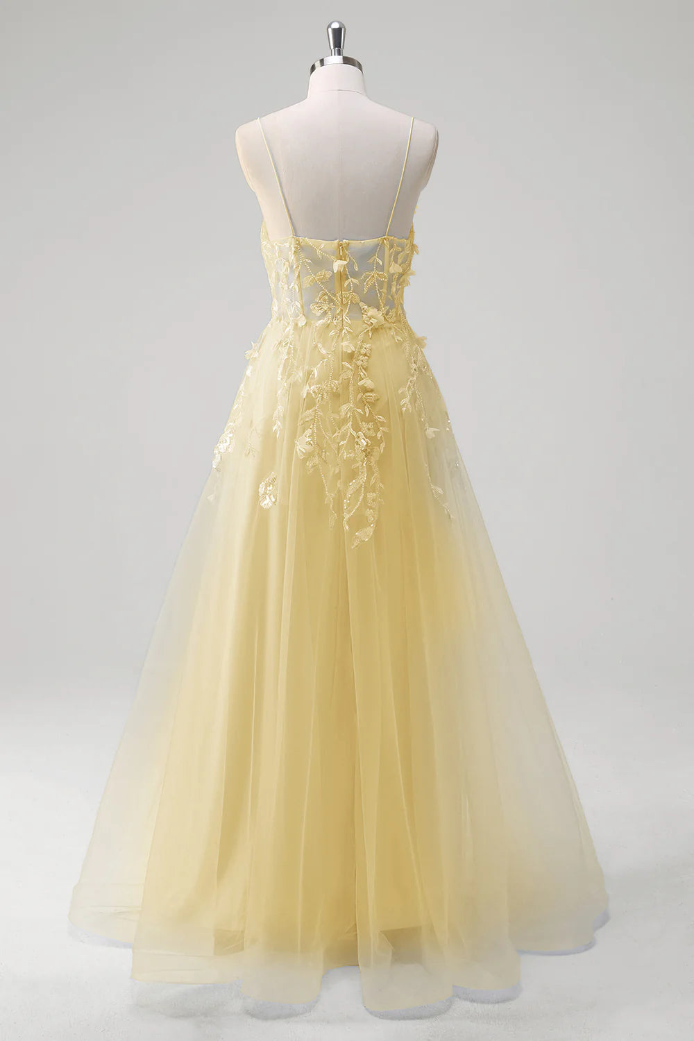 A-line spaghetti strap transparent tight corset with decal long ball dress