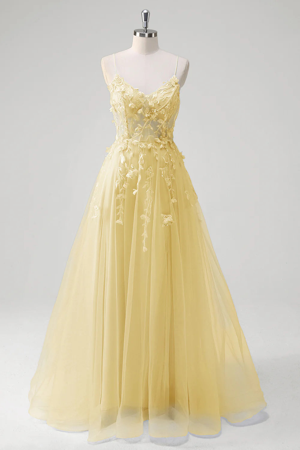 A-line spaghetti strap transparent tight corset with decal long ball dress