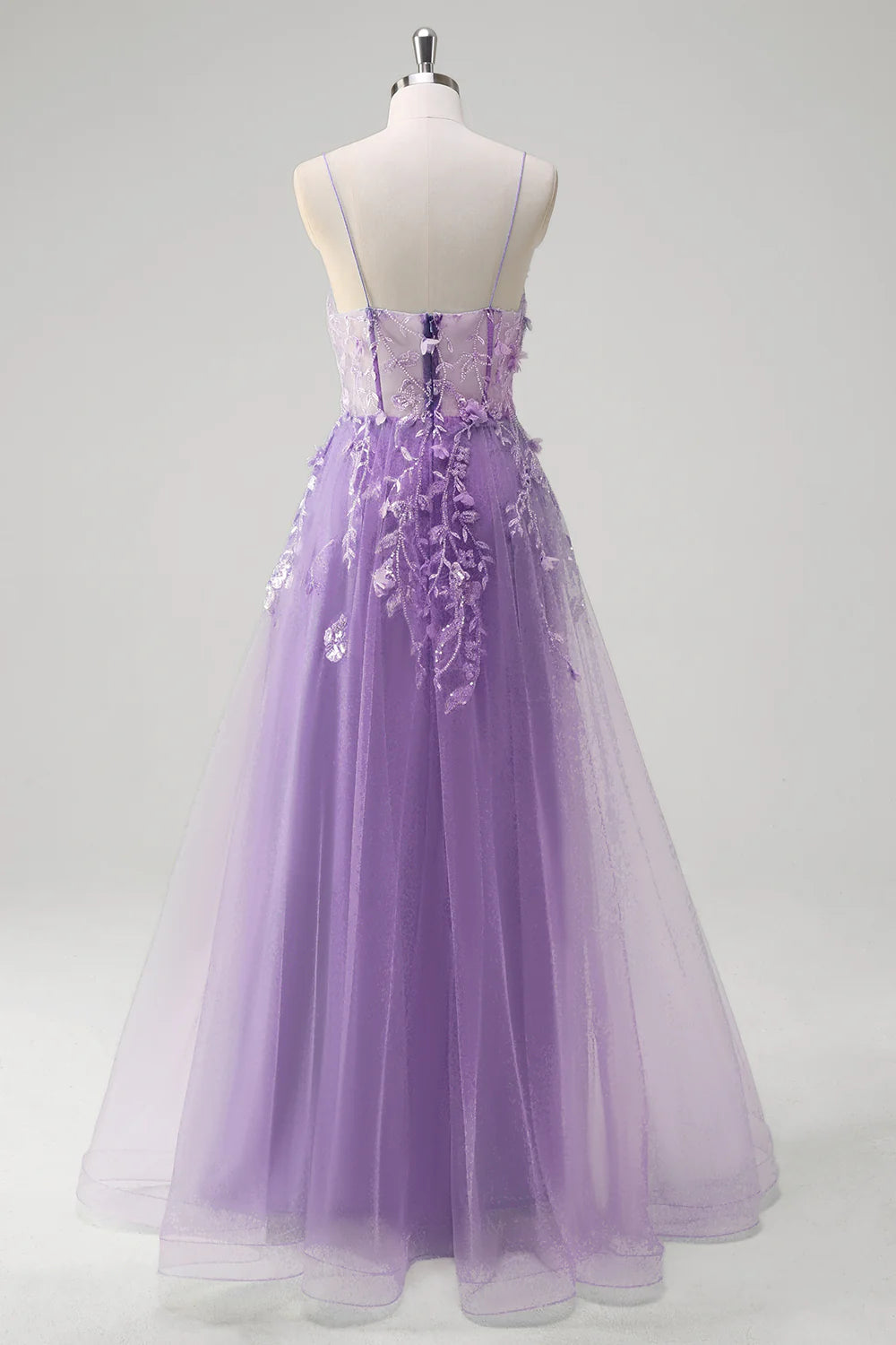 A-line spaghetti strap transparent tight corset with decal long ball dress