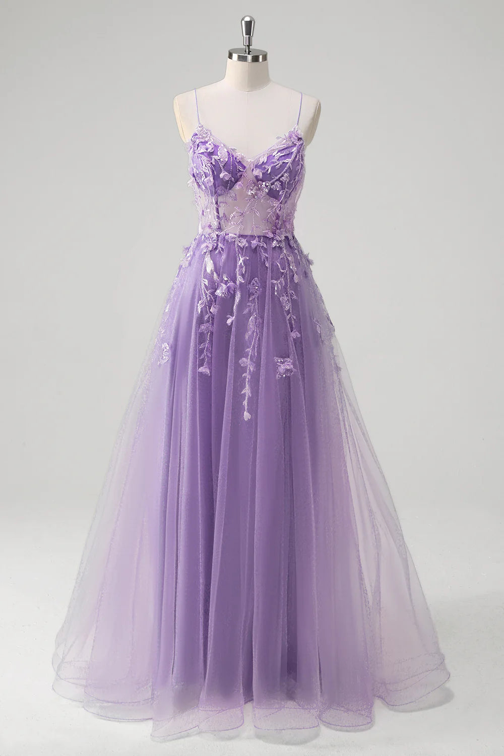 A-line spaghetti strap transparent tight corset with decal long ball dress