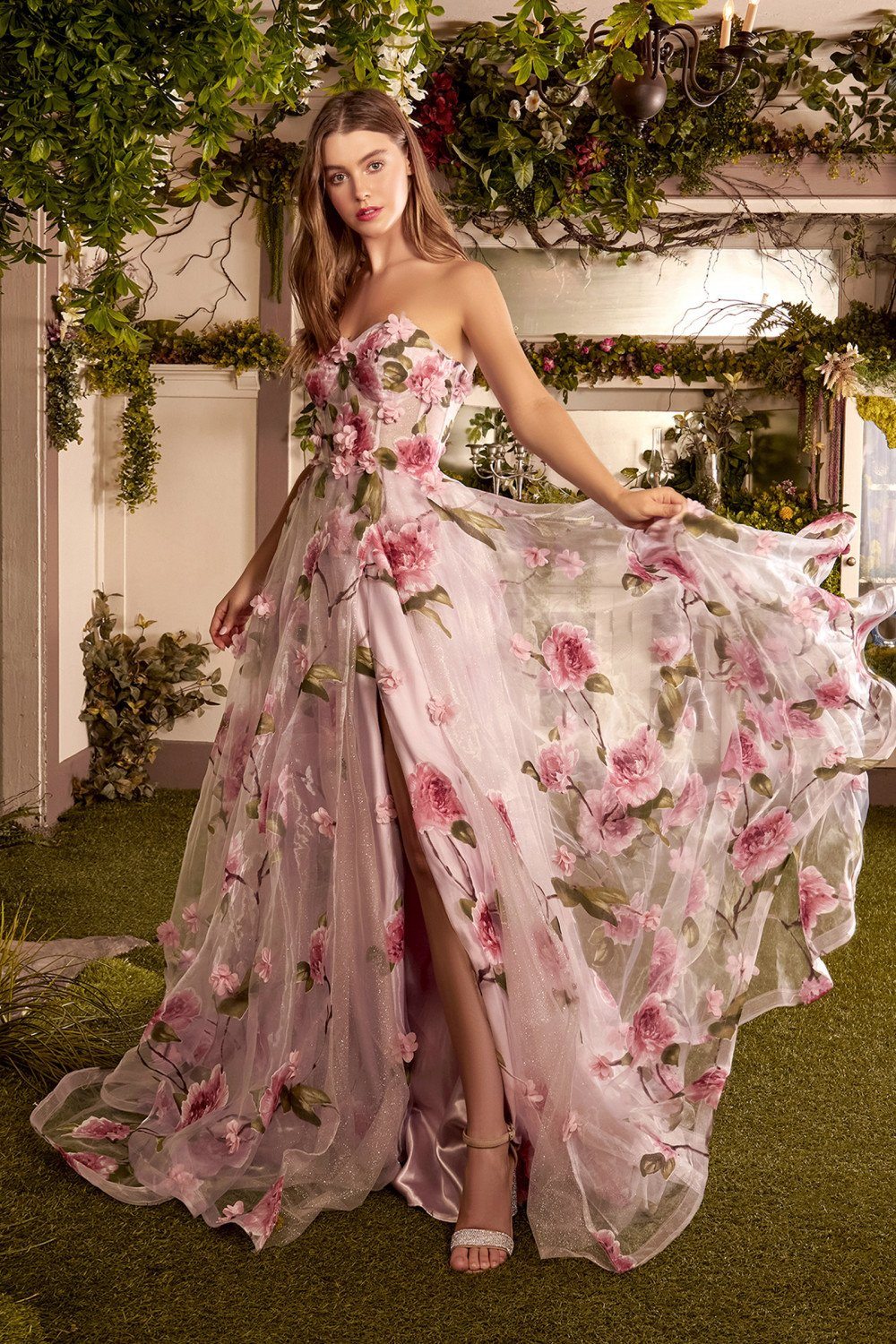 A-line strapless floral dress with side slit and three-dimensional flowers