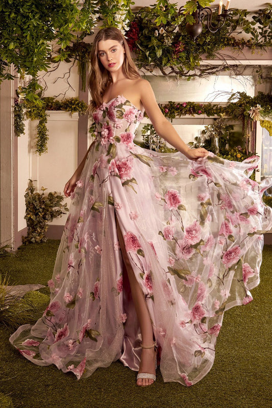 A-line strapless floral dress with side slit and three-dimensional flowers