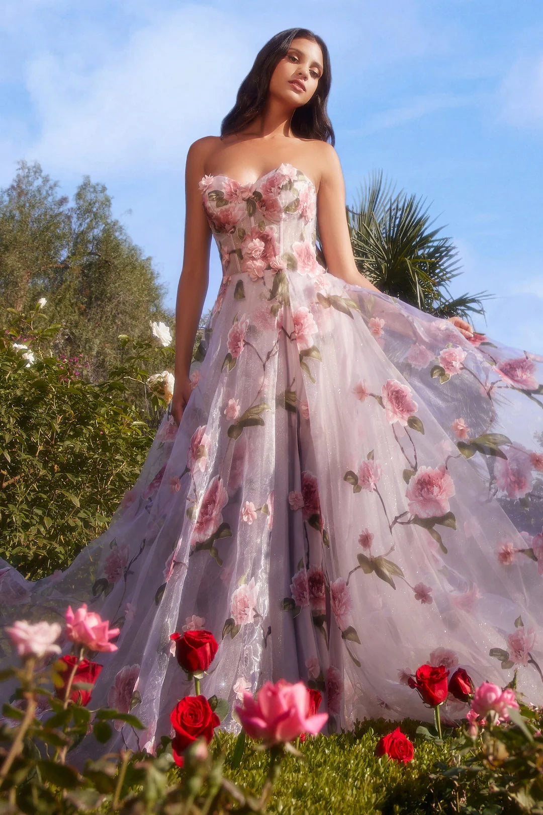 A-line strapless floral dress with side slit and three-dimensional flowers