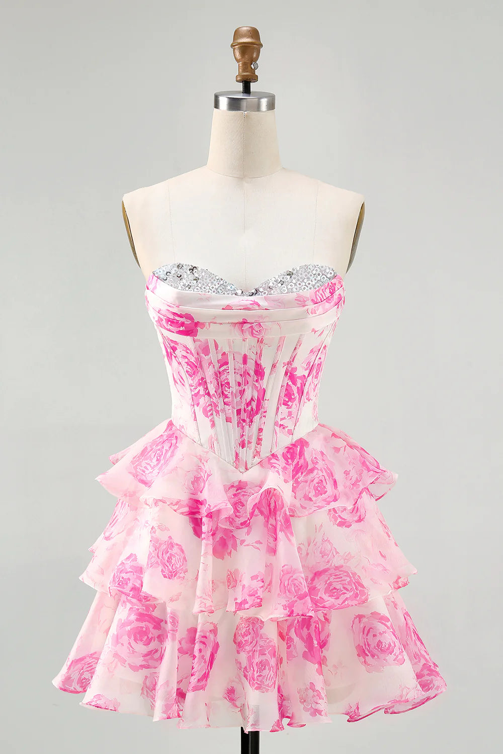 A-line strapless flower short back to school dress with bead embellishment