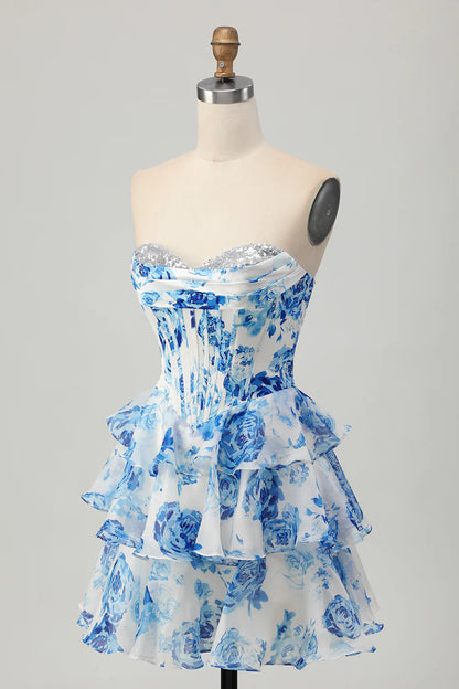 A-line strapless flower short back to school dress with bead embellishment