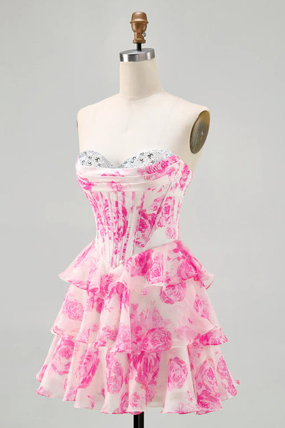 A-line strapless flower short back to school dress with bead embellishment