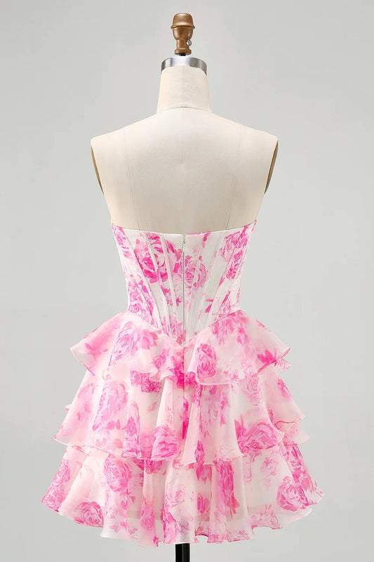 A-line strapless flower short back to school dress with bead embellishment