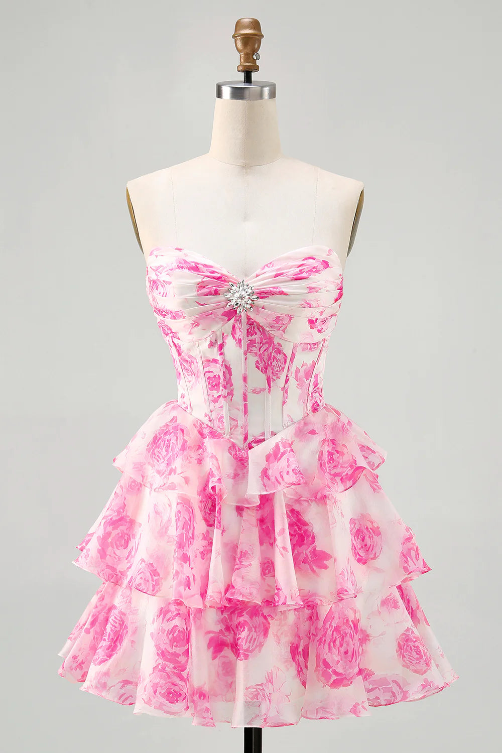 A-line strapless layered printed short back to school dress