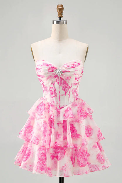 A-line strapless layered printed short back to school dress