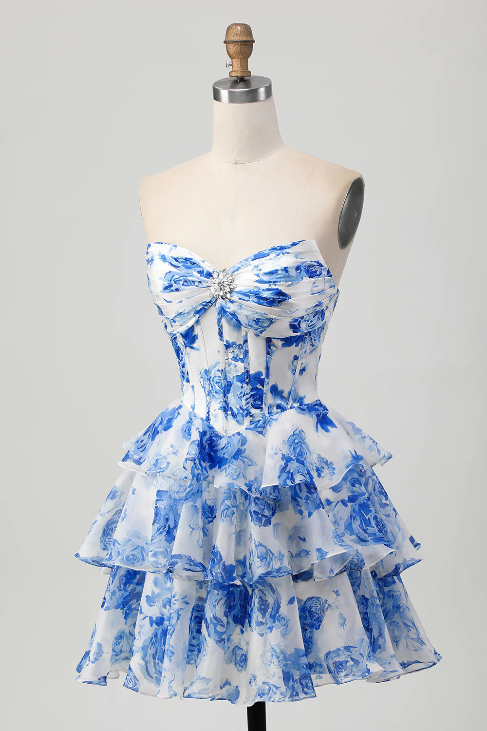 A-line strapless layered printed short back to school dress