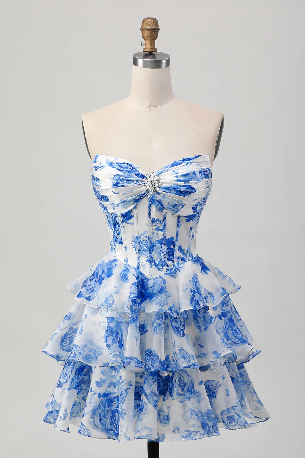 A-line strapless layered printed short back to school dress