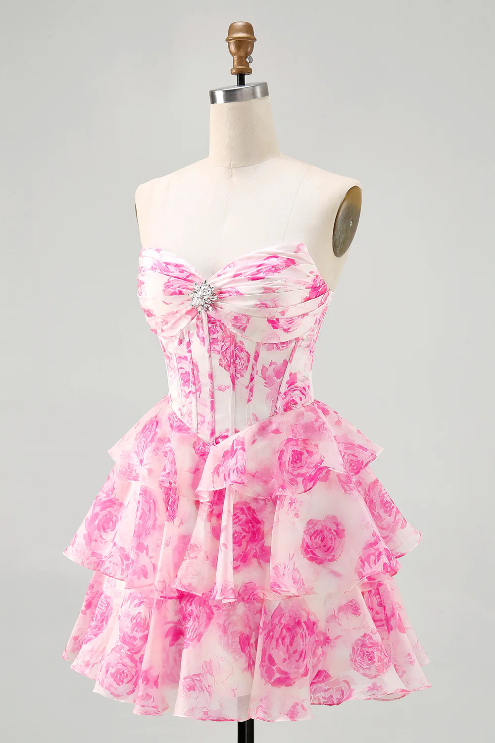 A-line strapless layered printed short back to school dress
