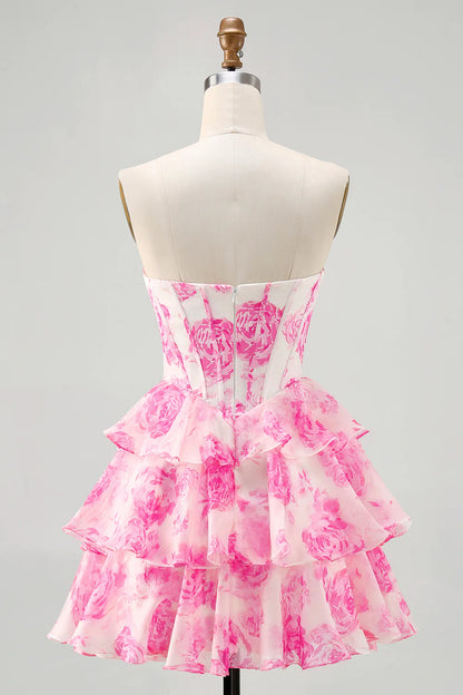 A-line strapless layered printed short back to school dress