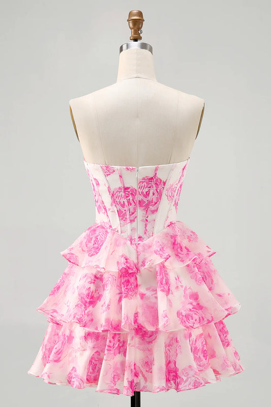 A-line strapless layered printed short back to school dress