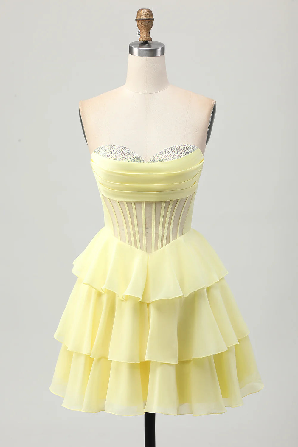 A-line strapless layered tight corset beaded back to school dress