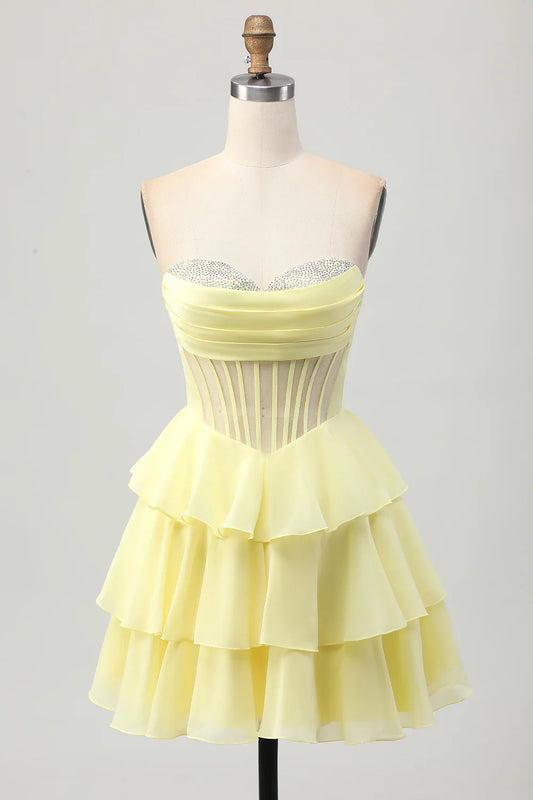 A-line strapless layered tight corset beaded back to school dress
