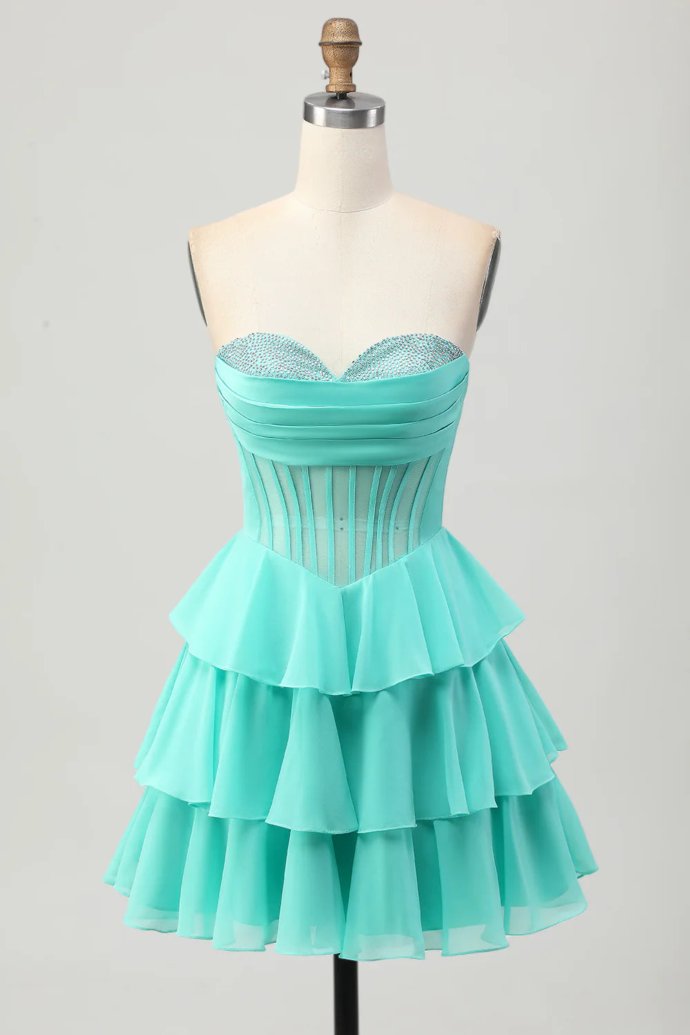 A-line strapless layered tight corset beaded back to school dress