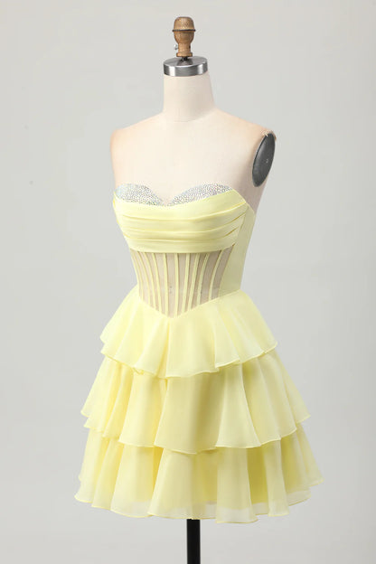 A-line strapless layered tight corset beaded back to school dress