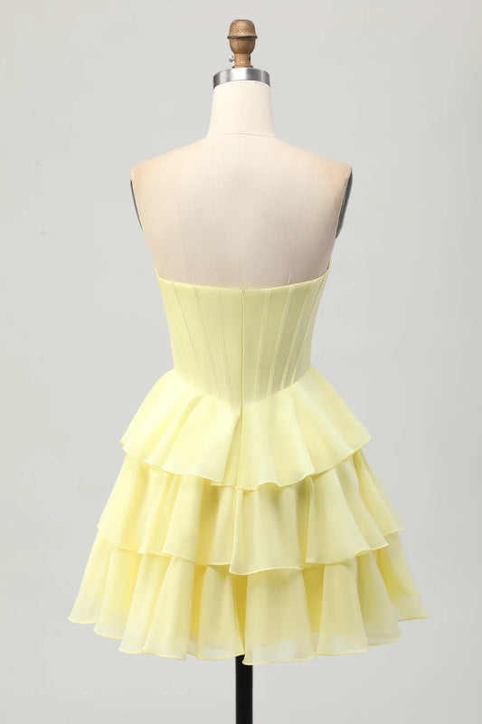 A-line strapless layered tight corset beaded back to school dress