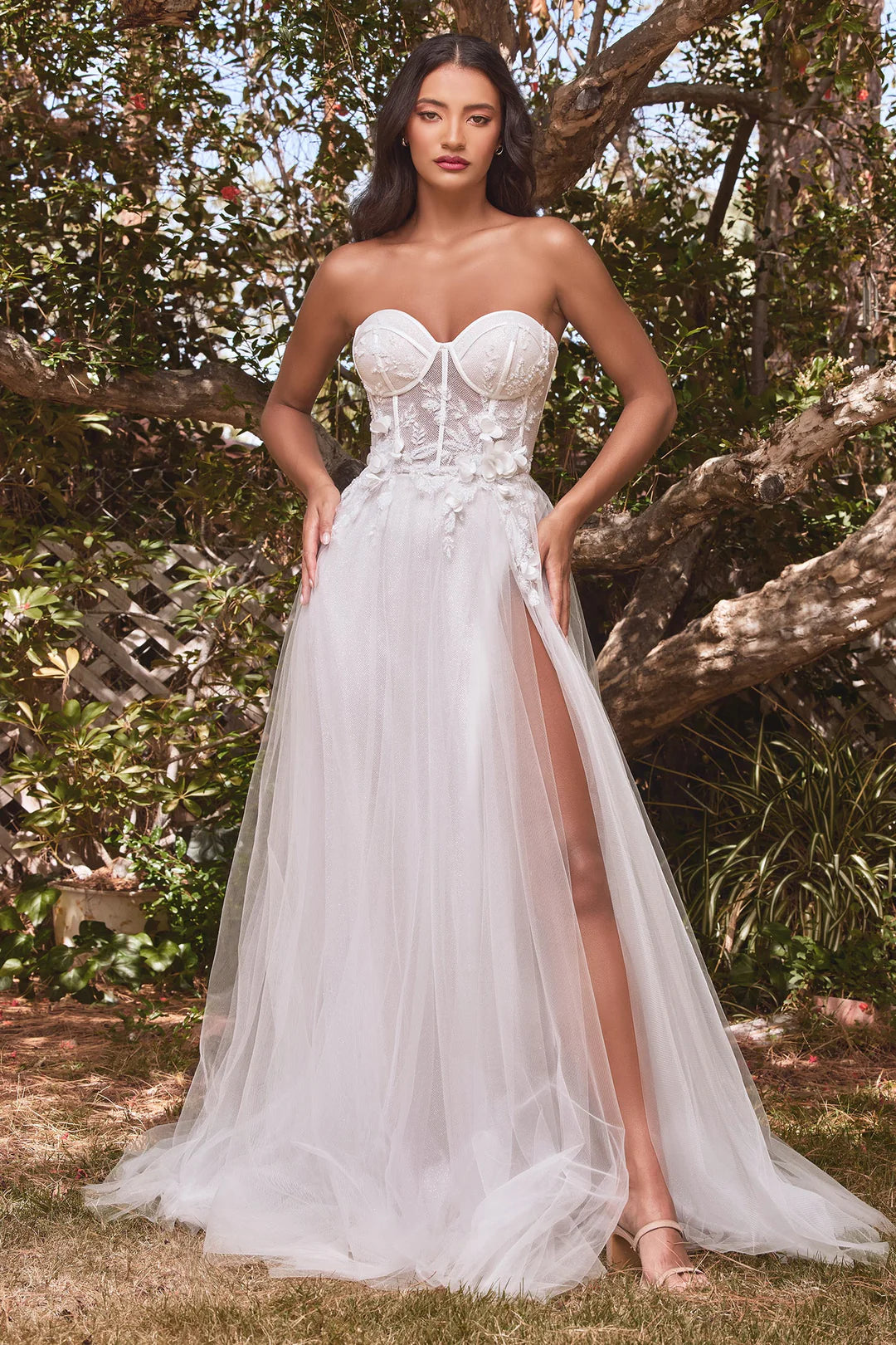 A-line strapless tight corset dress with high slit and detachable bubble sleeves