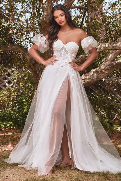 A-line strapless tight corset dress with high slit and detachable bubble sleeves