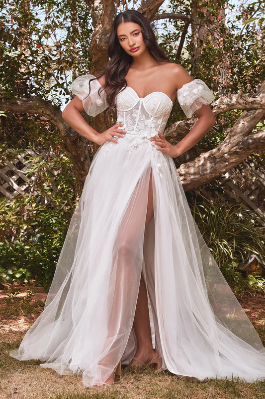 A-line strapless tight corset dress with high slit and detachable bubble sleeves