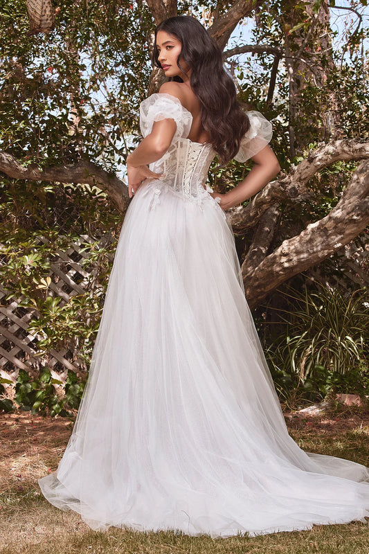 A-line strapless tight corset dress with high slit and detachable bubble sleeves
