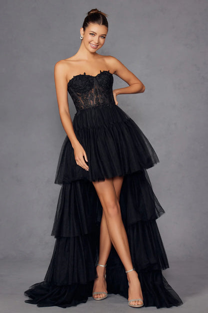 A-line strapless tight transparent corset dress with tail