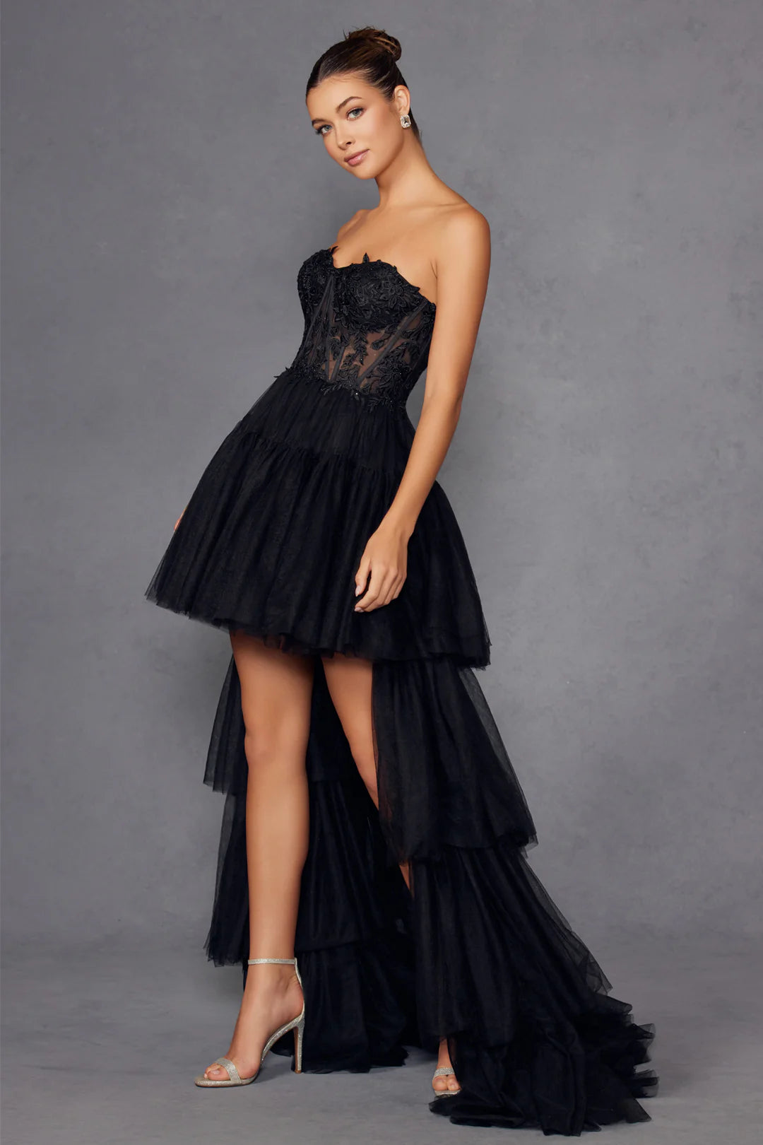 A-line strapless tight transparent corset dress with tail