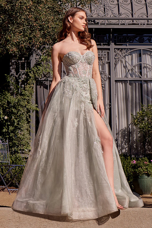 A-line strapless transparent corset dress with side slit and sequin embroidery
