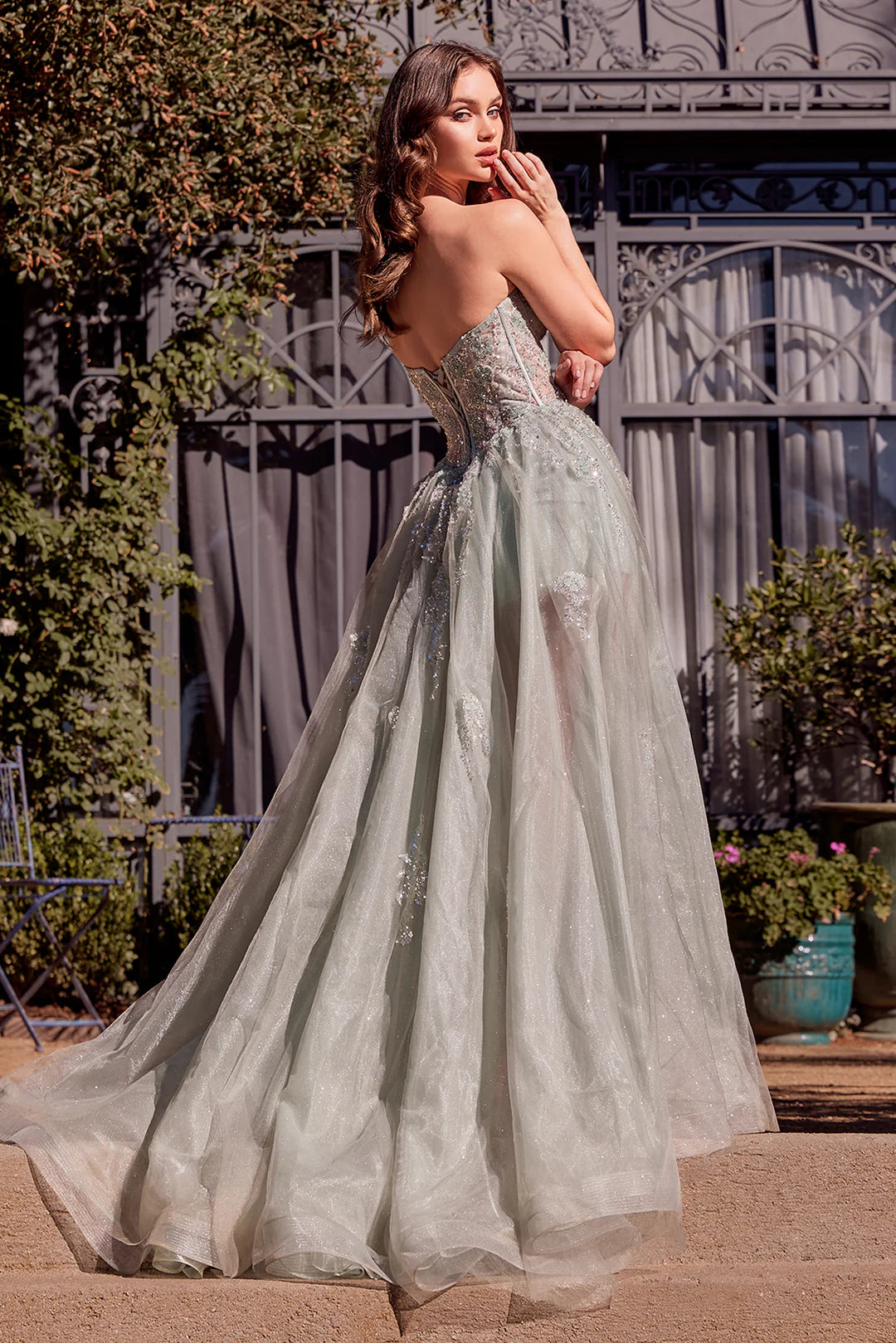 A-line strapless transparent corset dress with side slit and sequin embroidery