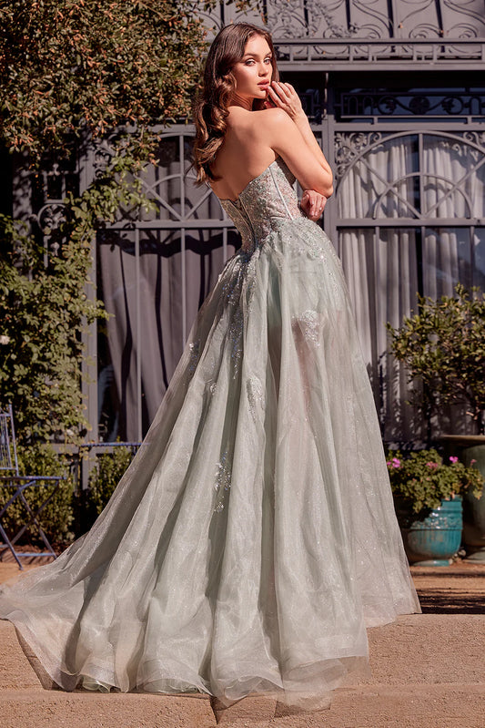A-line strapless transparent corset dress with side slit and sequin embroidery