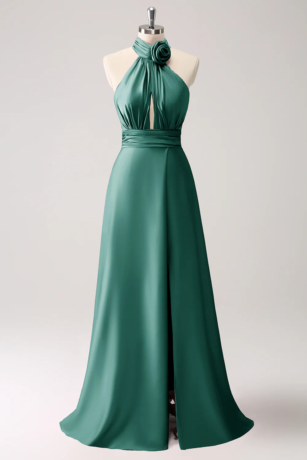 A-line suspender floral satin backless long slit ball dress