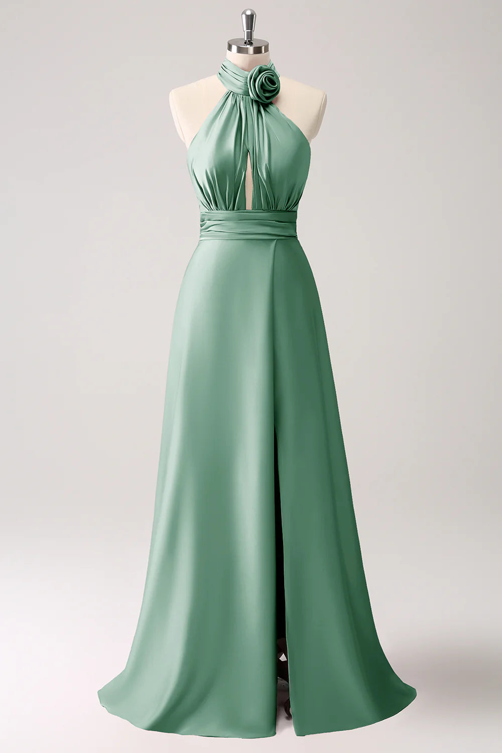 A-line suspender floral satin backless long slit ball dress