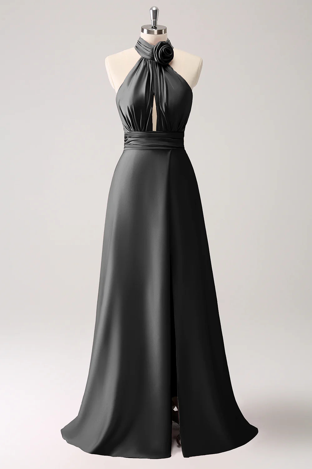 A-line suspender floral satin backless long slit ball dress
