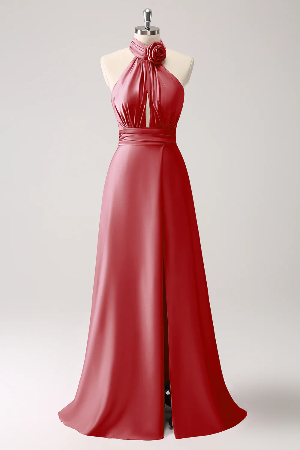 A-line suspender floral satin backless long slit ball dress