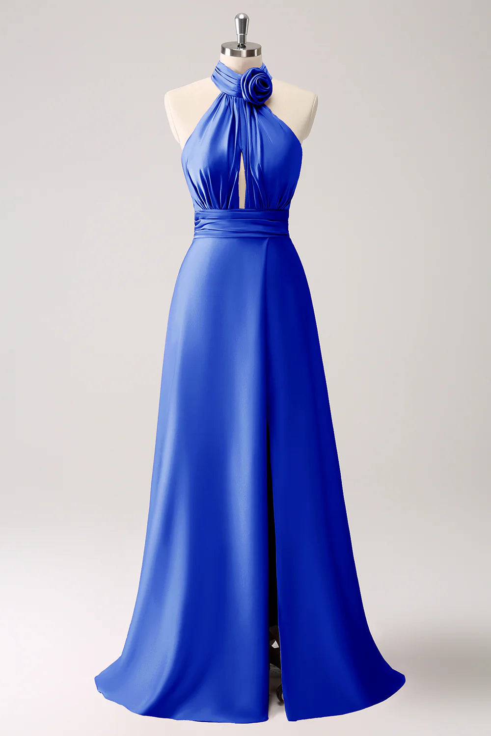 A-line suspender floral satin backless long slit ball dress