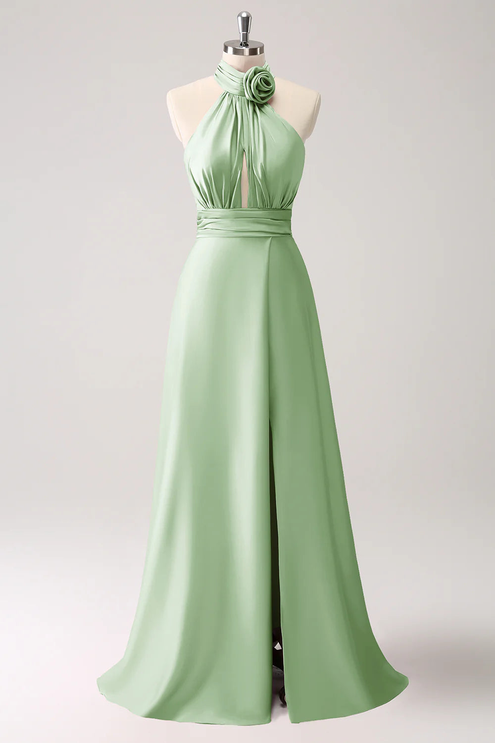A-line suspender floral satin backless long slit ball dress