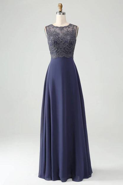 A-line waist cinching lace bridal mother dress