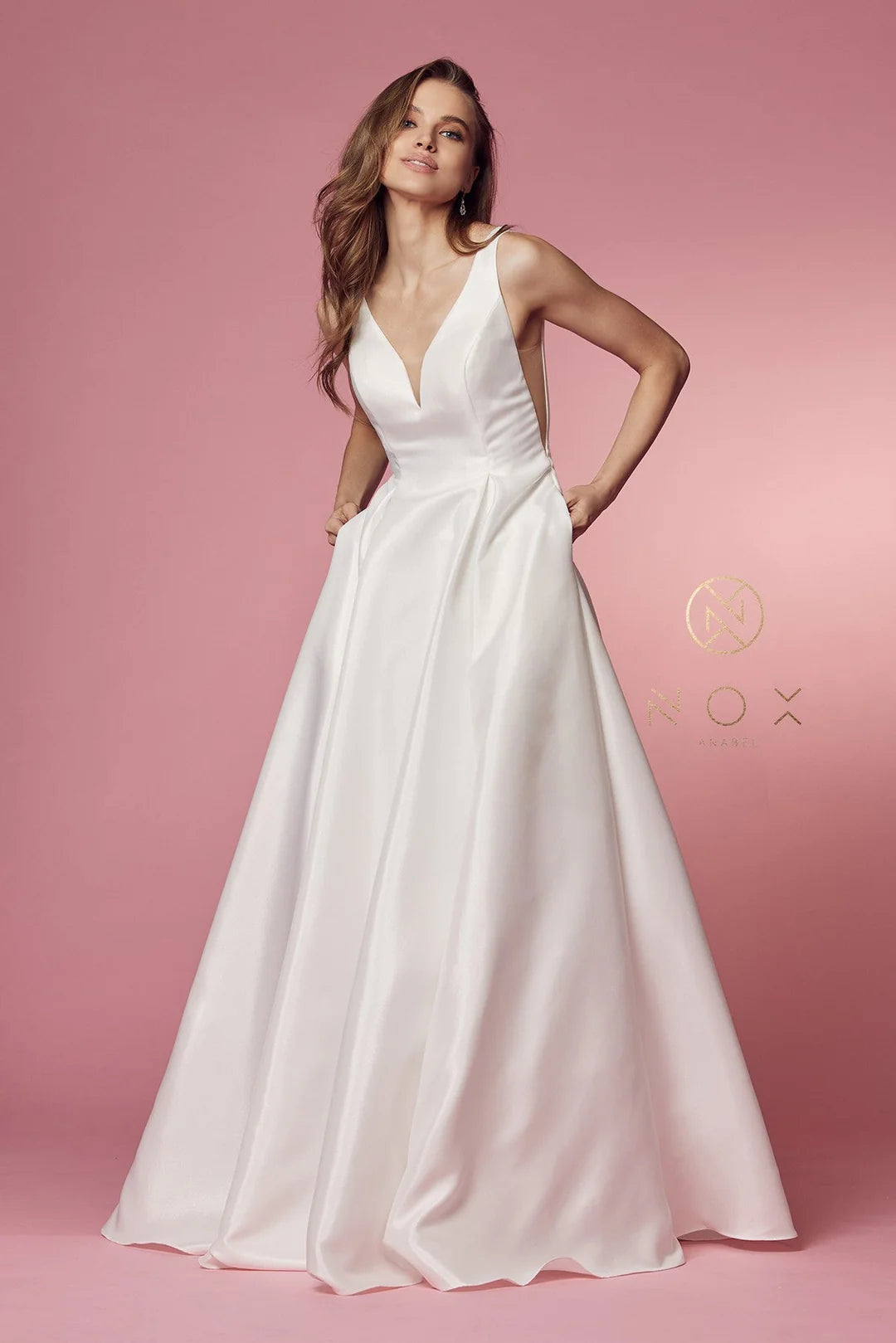 A-line white V-neck sleeveless and floor length skirt