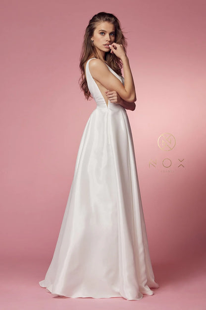 A-line white V-neck sleeveless and floor length skirt