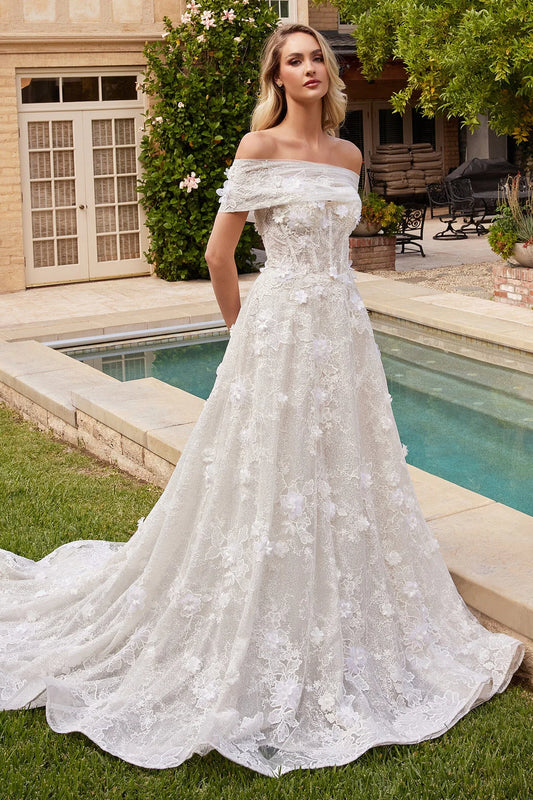 A-line white one shoulder tight corset floor hugging wedding dress with decals